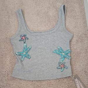 Missguided Grey Ribbed Tank with Turquoise & Pink Beaded Starfish